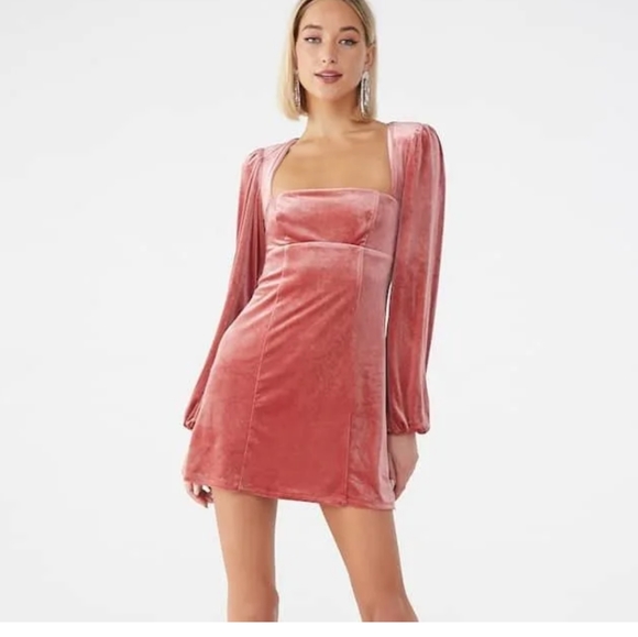 Forever 21 Dresses & Skirts - NWOT F21 Velvet Cutout Pink Puff Sleeve Mini Dress